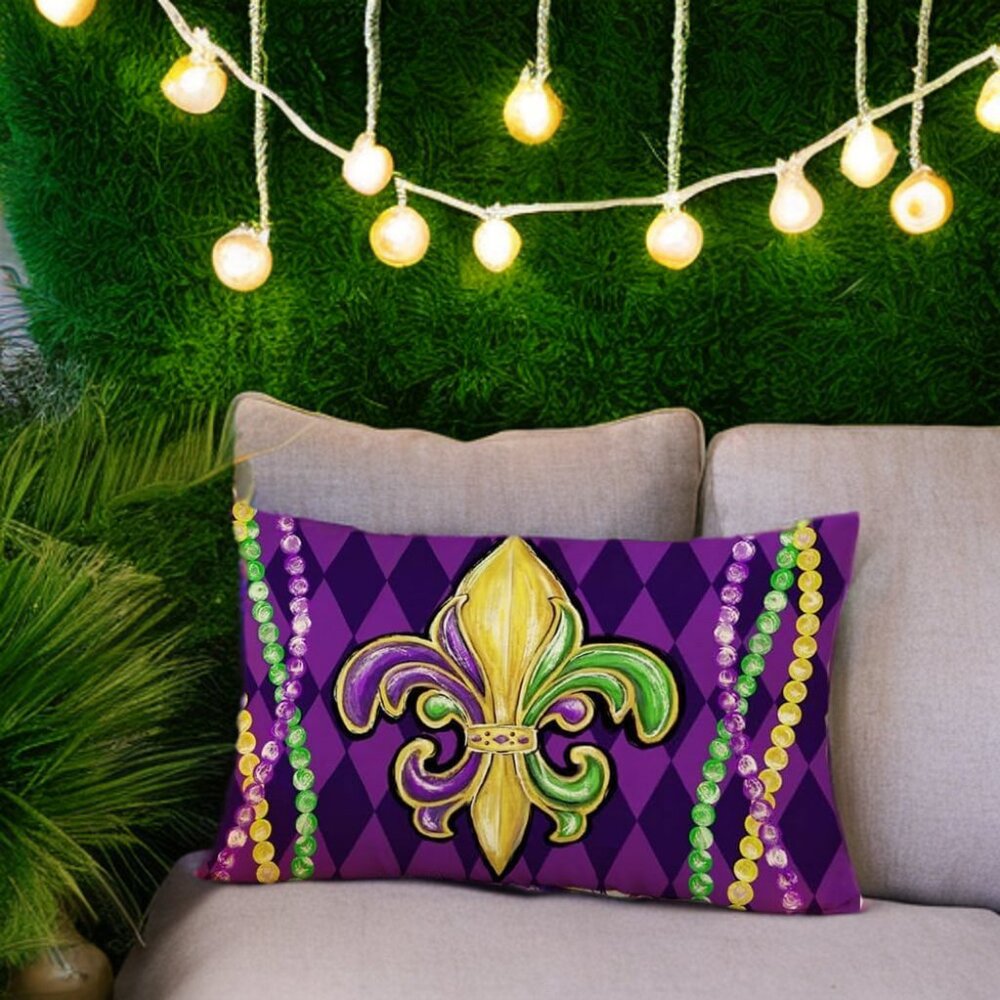 Mardi Gras Pillow Cover Fleur De Lis Decor Decorative Accent Lumbar Case 12x20 - Picture 3 of 7